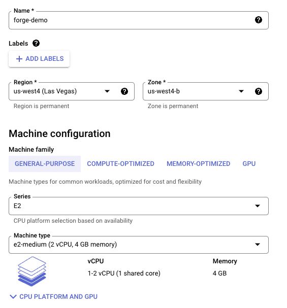 GCP Create VM interface