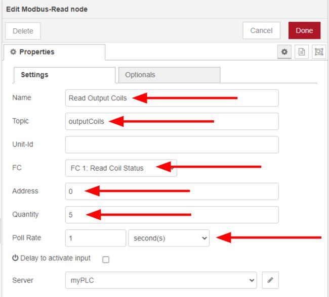 Setting how often data is read in the first Modbus read node