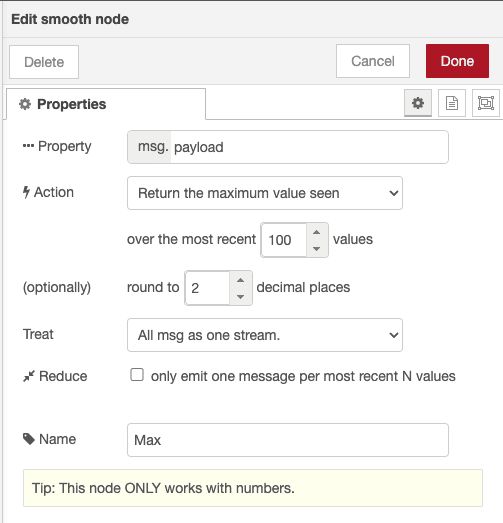 Using the Smooth node to return highest value from the last 100 payloads